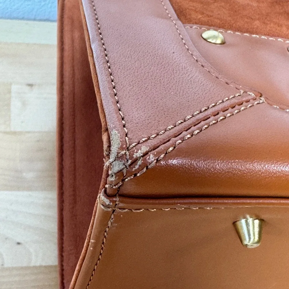 Samantha Thavasa New York Cognac Leather Suede Studded Satchel Handbag *FLAW